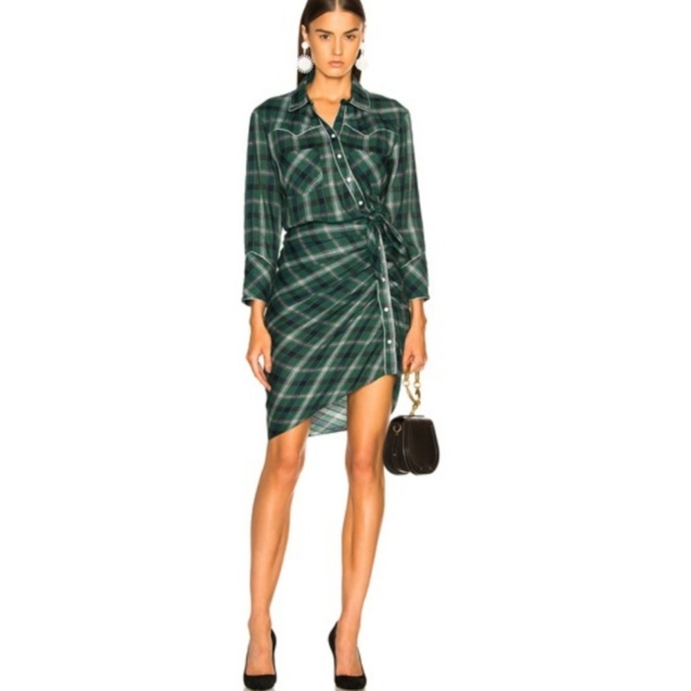 Veronica Beard Green Plaid Asymmetrical Shirt Dress